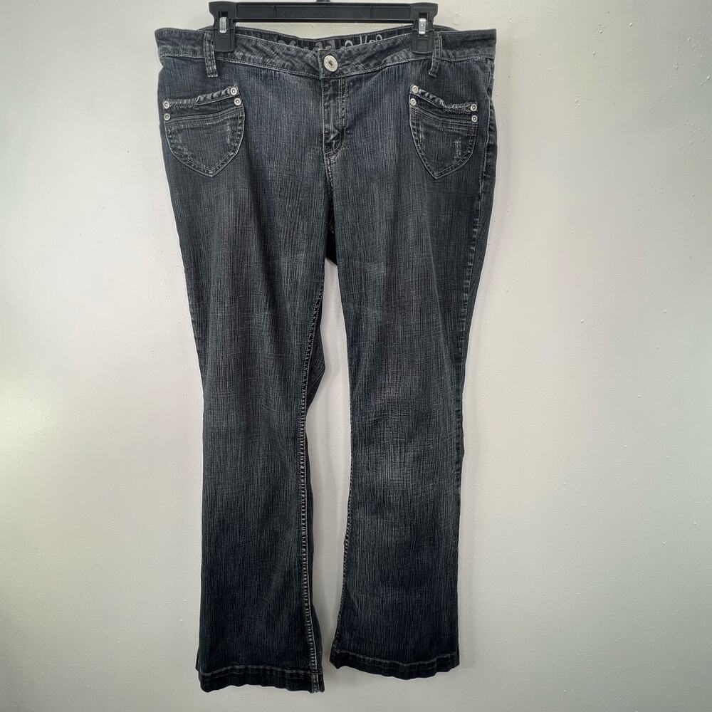 Y2K Mudd Flare Leg Jeans 17 Juniors Blue Denim Curved Patch Pockets Vintage 36"